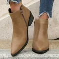 Stylish pointed toe ankle boots with chunky heel and side zipper on model. - 36 / Khaki