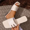Minimalist cream white flat square toe slides for women, stylish summer slip-on slippers - 36 / Beige
