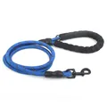 Detail view of blue reflective dog leash featuring a comfortable black padded foam handle - Dark Blue
