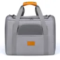Detail view of a grey foldable pet carrier with mesh window and leather handle. - 45cm*35cm*33cm / Gray