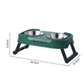 Elevated green pet feeder with two stainless steel bowls and foldable legs, 38.3x22.5x13.5cm. - 3-Tier Adjustable Folding Stainless Steel Double Bowl / Green