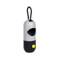 Grey and black LED dog poop bag dispenser with yellow button and metal carabiner - Gray