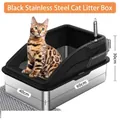 Large black stainless steel cat litter box with splash-proof high rim and metal scoop - Litter Box + Lid / Black