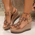 Elegant champagne wedge sandals featuring butterfly pearl and rhinestone embellishments - 35 / Khaki