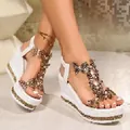 Elegant white wedge sandals decorated with pearl butterflies and sparkling rhinestones - 35 / White Gold