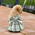 Detailed back view of a green plaid pet JK skirt dress with matching leash on small dog - S / Set / Green