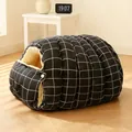 Cozy black grid pattern enclosed cat house bed with warm plush fleece interior lining - Black Grid