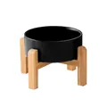 Sleek black ceramic pet bowl with minimalist elevated bamboo wood stand for cats and dogs - Black Bowl with Wood Stand / Black (11cm/260ml)