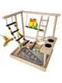 Large wooden parrot playstand gym with climbing ladder, swing and feeding bowls - Style 1