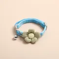Soft blue velvet cat collar with decorative green knitted flower and silver bell - Flower Style / Sky Blue Flower