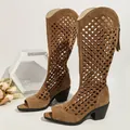 Vintage brown hollow-out peep toe tall boots with mid block heel and back zipper - 35 / Dark Brown Peep-Toe