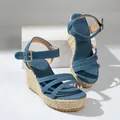 Detailansicht der blauen Denim-Keilsandaletten für Damen mit gewebter Jute-Plattform - 36 / Blau A08 Stil (S102) / Blau