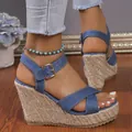 Close-up detail of women's stylish blue denim wedge sandals with woven straw platform sole - 36 / Blue A01 Style (S102) / Blue
