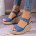 Detail view of women's denim wedge sandals with woven platform and ankle strap - 36 / Single Strap Wedge Style (A02) / Blue