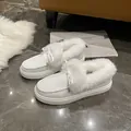 White winter warm furry loafers for women with decorative bow and thick faux fur lining. - 36 / White