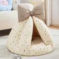 Semi-enclosed rabbit bed with large bow and colorful heart pattern for small pets - S / Beige Polka Dot Villa (Enclosed Design) / 40x27cm / Beige Heart