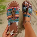 Bohemian flat beach sandals with colorful ethnic patterns and brown tassel detail. - 36 / Green