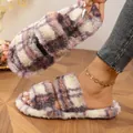 Plush purple and beige checkered double strap slippers for warm and cozy indoor winter wear - 36-37 / Violet