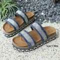 Damen Plateau-Sandalen mit Strass und 5cm Kork-Hanfsohle im Denim-Look - 36 / Dunkelblauer Denim