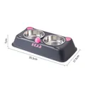 Stainless steel double pet bowl with dark gray bear-themed anti-slip base and dimensions - Bear Ear Style / Black