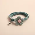 Cute teal corduroy pet collar with knitted flower and bell charm - Flower Style / Dark Green Floral