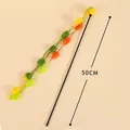 Interactive 50cm cat teaser wand with colorful fuzzy caterpillars on long black pole - Orange Green