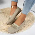 Mocassini piatti da donna in maglia fly-knit grigia con eleganti dettagli a frange - 35 / Beige