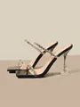 Elegantes sandalias negras de mujer con tiras de pedrería y tacones de cristal transparente - 34 / Tacón de 6cm / Negro