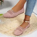 Mocassins roses en daim pour femmes avec pompons et semelles plates - Rose