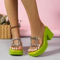 Lime green platform wedge mules with clear PVC strap and rhinestone square buckle detail - 36 / Green