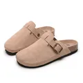 Dettaglio di zoccoli in pelle scamosciata beige con fibbia regolabile e suola - Kaki / 35