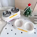 Cute duck-style double pet bowl with removable stainless steel inserts for dogs and cats - Dorky Duck Plastic Style (9731)