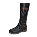 Damen Martin Stiefel in Schwarz mit brauner Schnalle und dekorativen Schnürdetails - 35 / Schwarz