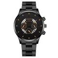 Detailansicht der schwarzen Business-Herrenuhr mit Drei-Augen-Zifferblatt und Stahlband - Schwarzes Band Schwarzes Zifferblatt Roségold-Markierungen (013)