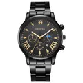 Klassische schwarze Herren-Business-Uhr aus Edelstahl mit Kalender und drei Zifferblättern - Ganz Schwarzer Stil mit Goldenen Markierungen (016)