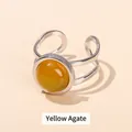 Elegant silver titanium steel open ring with round yellow agate stone - Outer Dia 13mm (Inner Dia 18mm) / Agate