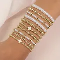 Élégant ensemble de bracelets élastiques en perles dorées avec breloque croix turquoise - Combo Superposé Perle Croix Or Blanc (XY-1394+XY-1394) / Ensemble de Bracelets Multi-pièces