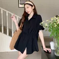 Summer black short-sleeved blouse for women featuring an elastic waist for a slim fit. - Black