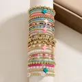 Ensemble de bracelets élastiques multicouches bohèmes avec croix turquoise et perles - Ensemble Combo Croix Colorée Mode (XY-2333+XY-2332) / Ensemble de Bracelets Multi-pièces