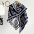 Elegant navy blue and white paisley pattern imitation cashmere shawl with fringed edges - Geometric Blue / 168x88x127cm / Navy Blue (FYRSJ016)