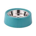 Teal blue removable stainless steel bowl for cats and dogs with stylish ribbed design - With Stainless Steel Inner / Light Blue