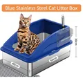Large semi-enclosed blue stainless steel cat litter box with scoop, size 60x40x30cm - Dark Blue