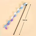 Interactive cat wand toy with 50cm long handle featuring colorful pom-poms and bell charm - Blue & White