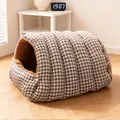 Cozy checkered enclosed cat bed with warm plush lining for winter indoor pet comfort - Coffee Plaid