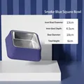 Smoky blue stainless steel square pet bowl with Roman column texture and non-slip base. - Square Roman Column / Smoky Blue