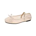 Elegant breathable beige mesh Mary Jane flats featuring a cute bow and elastic strap - 36 / Beige