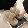 Close-up of 7cm platform fuzzy slippers showing soft fur texture and thick sole - 35 / Double Strap (Style 1) / 7cm Sole Thickness / Khaki