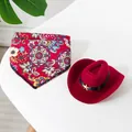 Pet burgundy cowboy hat and floral bandana set for dog cat cosplay accessories - S / Hat + Scarf Set / Red