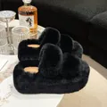 Black 7cm platform fuzzy slippers with thick faux fur for autumn outdoor wear - 35 / Double Strap (Style 1) / 7cm Sole Thickness / Black