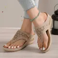 Elegant beige wedge thong sandals for women with laser-cut patterns and comfortable soles - 38 / Gray